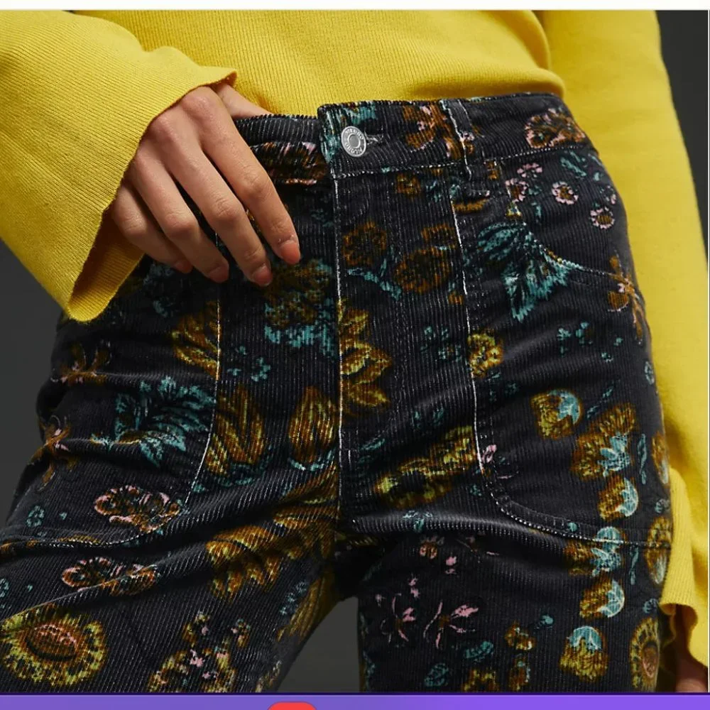 Anthropologie Pilcro The Icon Flare Low-Rise Corduroy Floral Pants - Picture 6 of 11